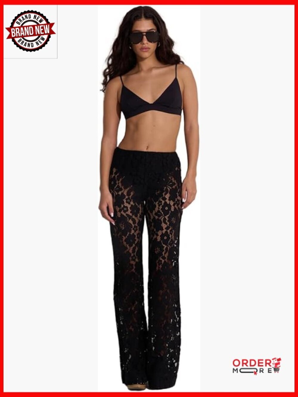 High waist floral lace cover-up pants with elastic waistband